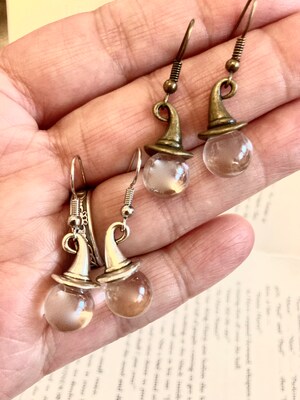 Wizard Witch Hat Earrings with Crystal Ball Antiqued Bronze - image5